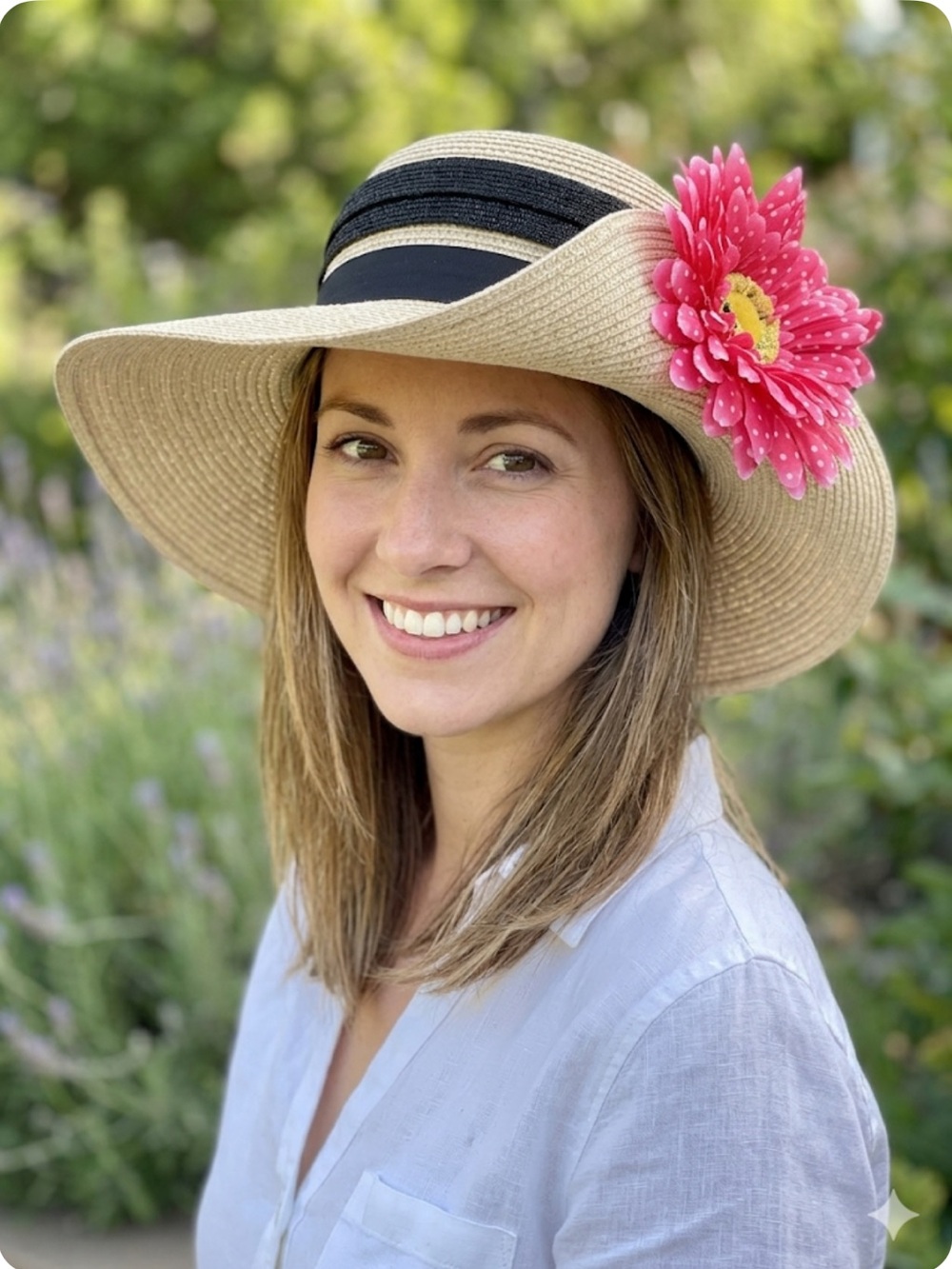 Furtalk Wide Brim Straw Sun Hat with Black Band Pink Flower Summer Beach Hat